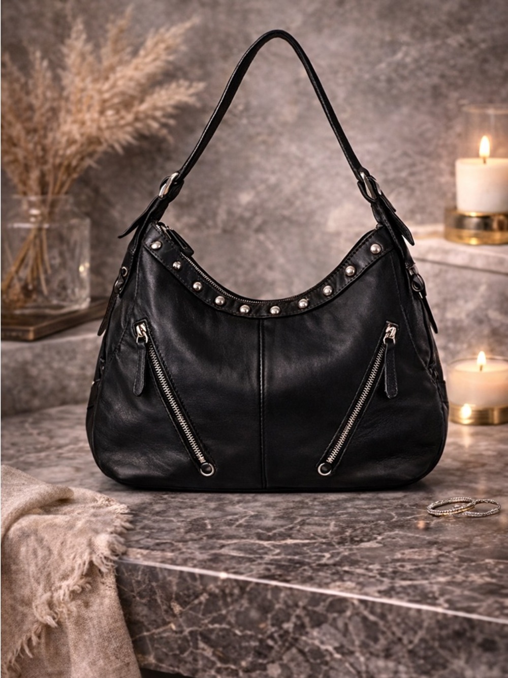 Kate Landry Black Leather Shoulder Bag hobo handbag studded bag